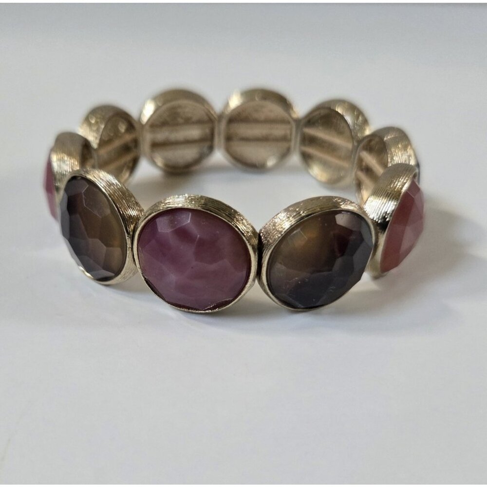 Vintage Crown Trifari Bracelet Pink Brown Faceted Stone Goldtone Stretch - Picture 3 of 5